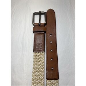 Fossil Belt Braided‎ Leather Trim Kyle Khaki Size 42 Casual Coastal Quality